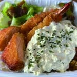 3 pieces of chicken nanban, 2 shrimp tempura, 1 salmon cutlet with tartar sauce
