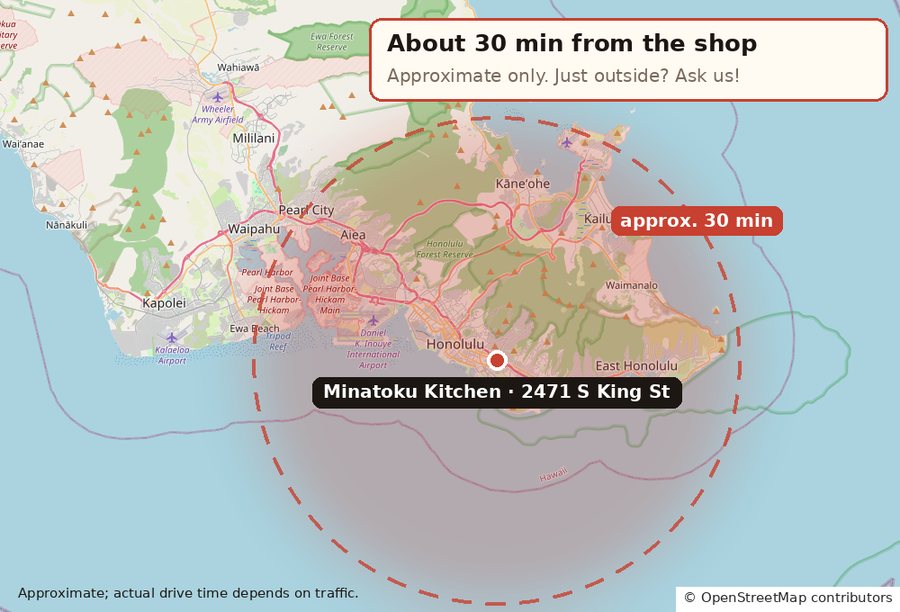Map of Oahu with a circle showing our delivery area, about a 30-minute drive from Minatoku Kitchen in Moiliili